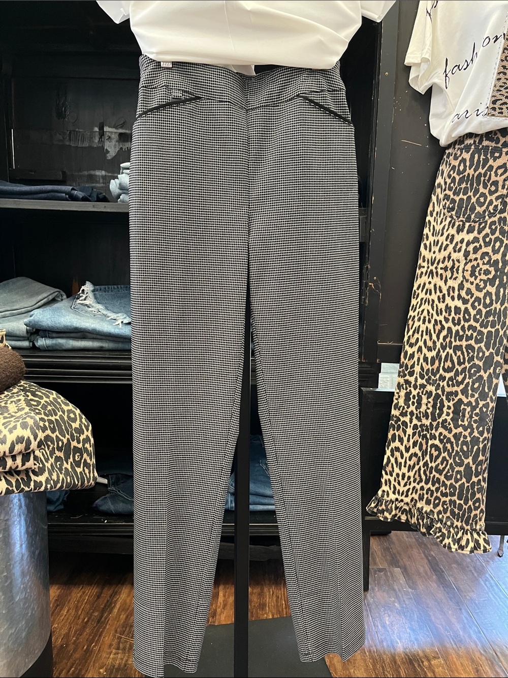 FM030DL Picadilly Fashion Black & White Micro-Houndstooth Straight-Leg Pants